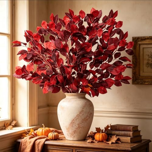 RECUTMS 4Pcs Artificial Beech Leaves Branches 39In Fall Stems Burgundy