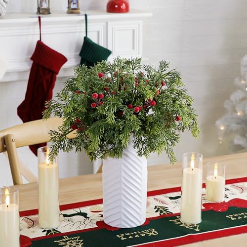 40PCS Christmas Artificial Pine Branches Frosted Berry Stems Fake Evergreen Norfolk Cypress Sprigs Holly Berries Winter Greenery Picks for Vase Filler DIY Craft Garland Home Decor (Green & Red)