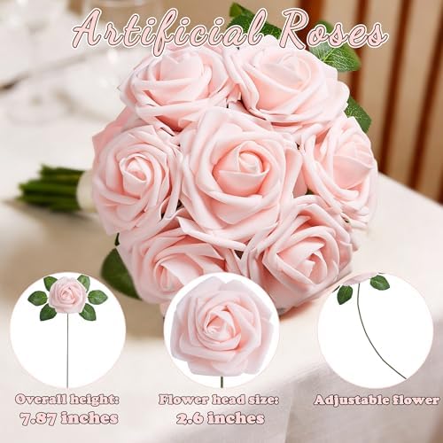 16 Pcs Pink Artificial Flowers, Fake Roses with Stems