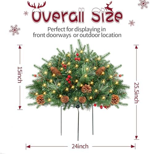 ENVEN Outdoor Christmas Tree Frosted Urn Filler 2 Set, Pre-lit Artificial Xmas Tree with Cones & Red Berries, Small Christmas Tree with 70 Warm Lights