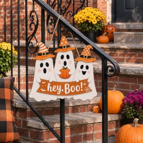 Halloween Ghost Door Sign, Wooden Hey Boo Hanging Wreath Pumpkin Door Decor