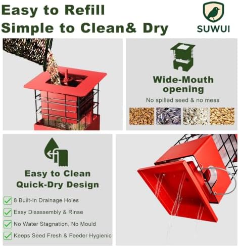 Squirrel Proof Bird Feeder, 3.5Lbs Metal Wild Bird Feeders Anti Squirrel with 4 Feeding Ports for Garden Bird Feeding Station Outdoors Hanging, Pigeon Resistant, Easy to Clean & Refill (Red)
