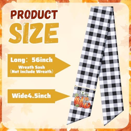 VitalCozy Fall Pumpkin Wreath Sash for Front Door Buffalo Plaid