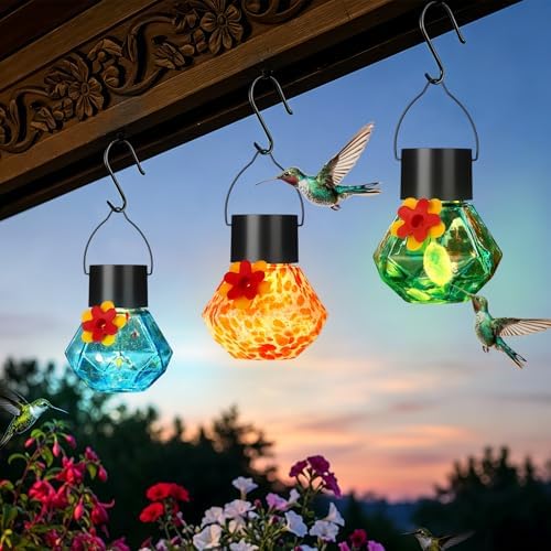 Nuogo 3 Pcs Blown Glass Hummingbird Feeder Gift Solar LED, Color C, Novel