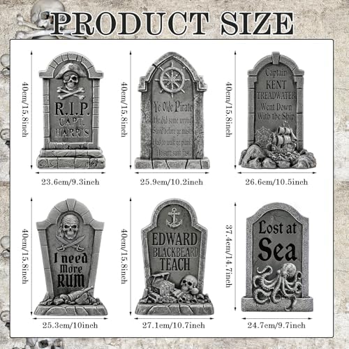 RattanView 6 Pcs Pirate Halloween Tombstones Yard Signs with Stakes 15.8 Inch Waterproof Halloween Yard Signs for Graves Pirate Outdoor Scary Decorations for Garden Lawn RIP Graveyard Tombstone Decor
