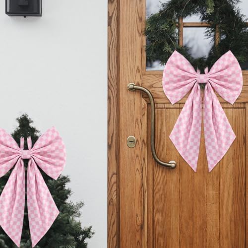 Suncalla 2 Pcs Pink Christmas Checkered Wreath Bows 18'' x 12''