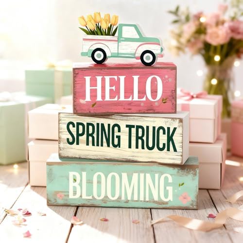 Spring Decoration Wooden Tiered Tray Decor – Tulip Spring Truck Stacked Block Sign with Floral Pickup Topper – Farmhouse Tabletop Spring Decor for Shelf Mantel Seasonal Home Display