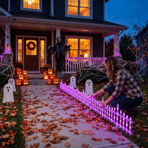 8 Pcs Light up Halloween Fence Outdoor Yard Garden, Purple