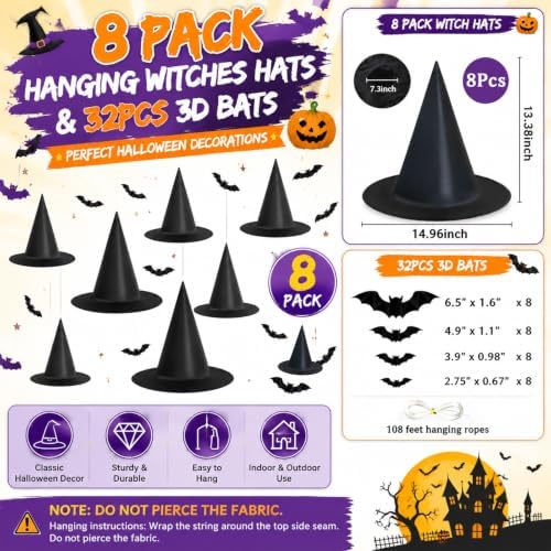 Tepoobea Halloween Decorations Black Witch Hats, 8 Pack Hanging Witches Hats & 32Pcs 3D Bats Halloween Decorations Outdoor Indoor