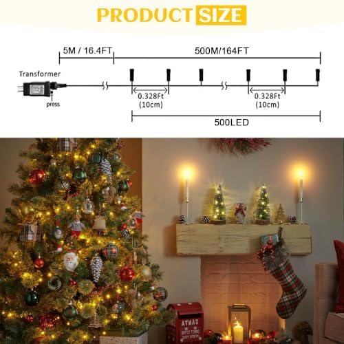 kemooie 500 LED Christmas Lights, 164FT 8 Lighting Mode with Memory Plug in Waterproof Christmas Lights Outdoor, for Birthday Christmas Tree Wedding Party Garden Balcony Decorations (Warm White)