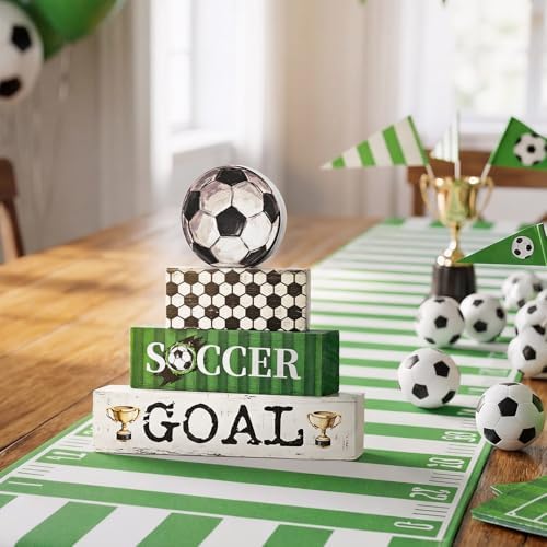 Smile Soccer Wooden Block Decor Set, 4-Piece SOCCER GOAL & Tiered Tray Tabletop Signs with Soccer Ball Figurine for Game Day & Sports Party Decorations