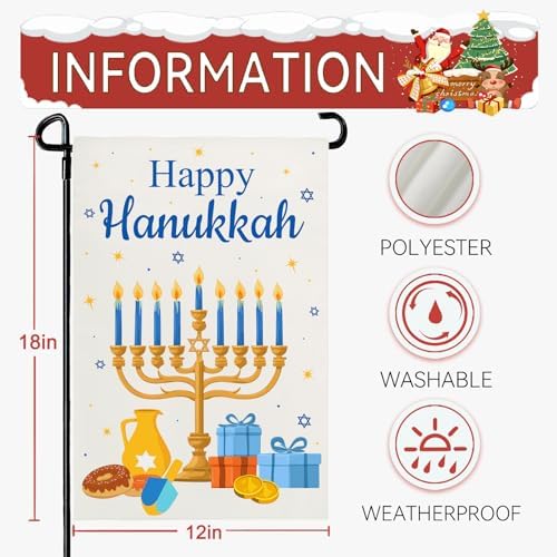Happy Hanukkah Garden Flags Winter Menorah Small Flag for Outside 12 x 18 Inch Jewish Holiday Candles Outdoor Decor for Garden Lawn Yard Double Sided