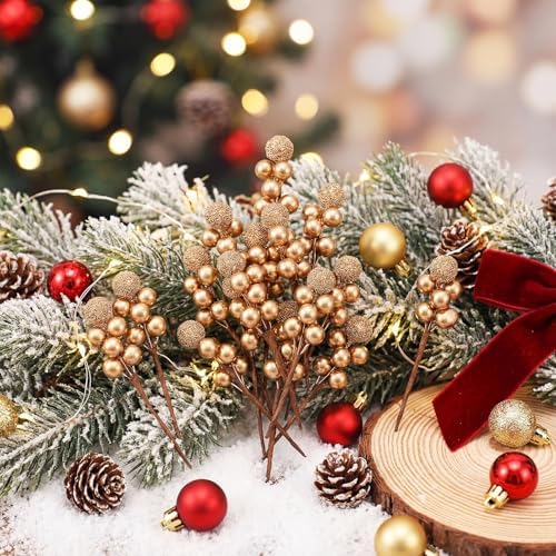 Tatuo 360 Pcs Glossy Gold Holly Berries, 60 Stems Winter Table Decor