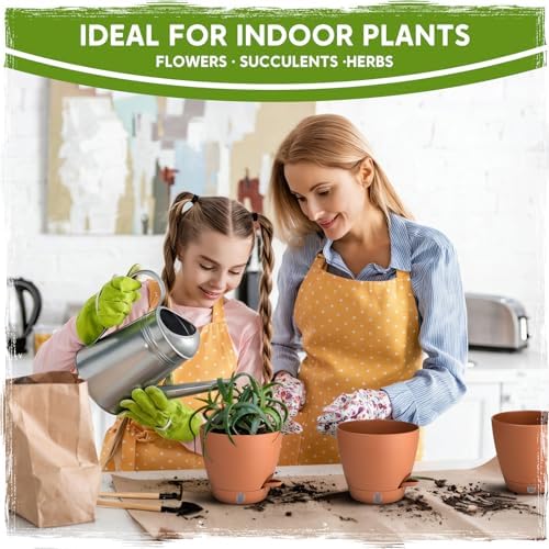 Self Watering Pots for Indoor Plants (5/5.5/6/6.5/8 Inch), Terra Cotta Planters with Water Level Indicator & Drainage,Wicking Pots for Monstera, Herbs & Snake Plant (Terra Cotta, 5/5.5/6/6.5/8 Inch)