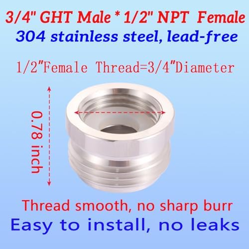 3/4 "GHT male x 1/2" NPT female connector (304 stainless steel), lead-free，brass tube to garden Hose connector connection, Hose Coupler Water Hose Adapter, garden hose adapter 2pcs