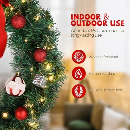 VINGLI 24 Inch Christmas Wreath Prelit Front Door Battery LED Decor Green