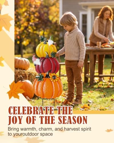 Outdoor Fall Pumpkin Decorations – 34.6" Metal Garden Stakes with 3 Stacked Pumpkins, Decorative Autumn Yard Signs for Porch Garden Lawn & Thanksgiving Decor