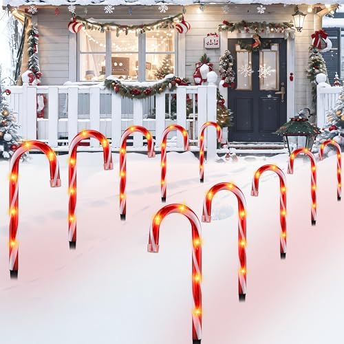 10" Candy Cane Pathway Lights, 10-Pack Christmas Stake Lights for Outdoor