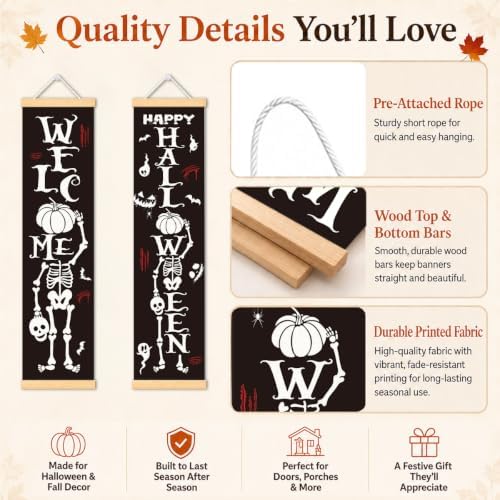 Skeleton Halloween Door Banner Set of 2, Welcome Porch Decor for Home
