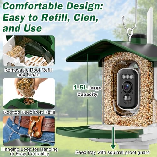 Smart Bird Feeder with Camera, Solar 2K AI Identification, Green