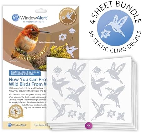 WindowAlert Hummingbird Anti-Collision Decal 4 Pack - UV-Reflective Window Decal to Protect Wild Birds from Glass Collisions - Made in The USA