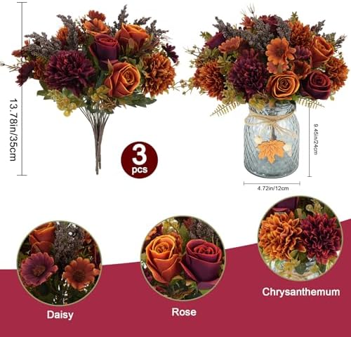 3 Bundles Fall Artificial Flower Arrangements with Vase, Burnt Orange Roses