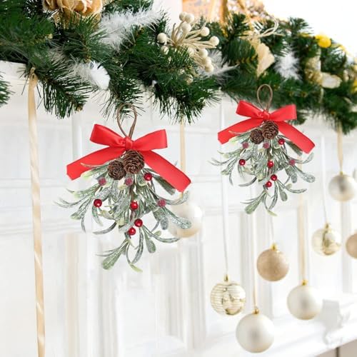 Christmas Artificial Mistletoe Ornament with Red Bow Snowy Red Berries Christmas Hanging Mistletoe Decorations Bouquet Floral Natural Pine Cones Holiday Decoration Ornament Bouquet