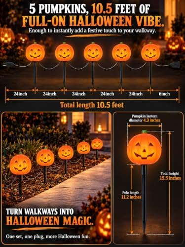 10.5FT Halloween Pumpkin Pathway Lights, 5PK C7 LED Pumpkin Stakes Lights