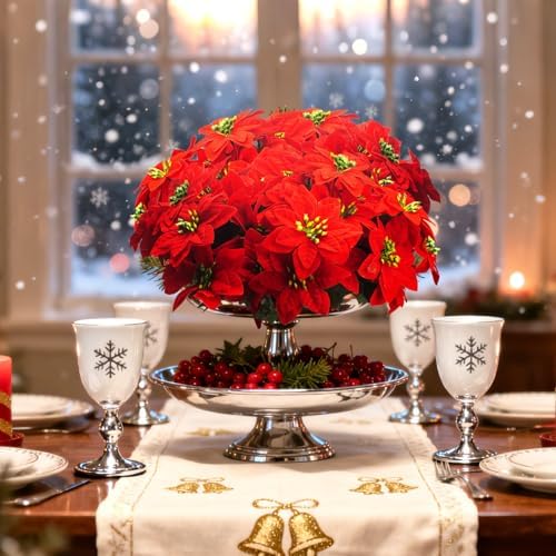 Grunyia 8PCS Artificial Poinsettia Flowers Christmas Decorations Silk Poinsettia Stem Realistic Holiday Home Decor for Table Centerpiece Wedding Party DIY