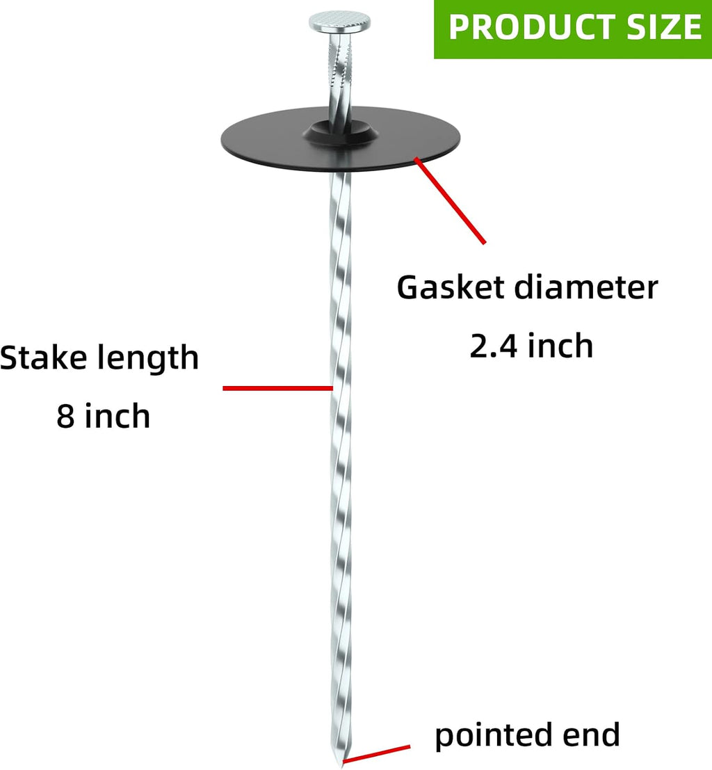 8 Inch Heavy Duty Landscape Stakes with Gasket Caps - 50 Sets Galvanized Spiral Garden Spikes Kit for Securing Weed