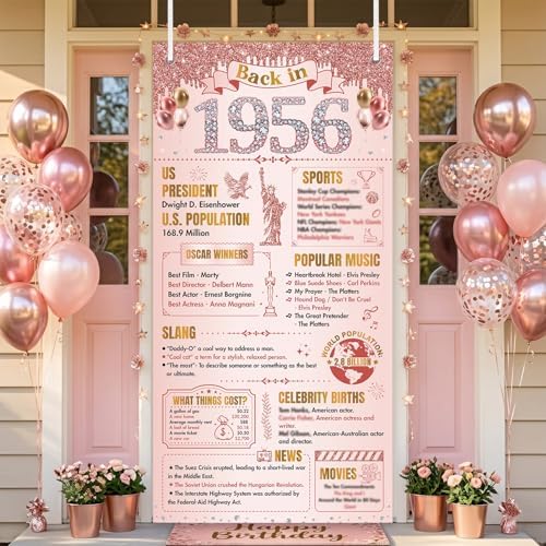 70th Birthday Decorations for Women, Rose Gold Back in 1956 Door Cover Decor, Seventy 70 Years Old Bday Large Front Door Cover Sign Backdrop Banner Supplies Decor, 3x6 Ft