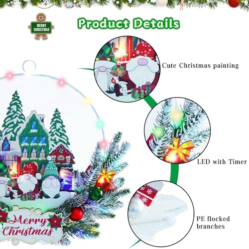 Christmas Rustic Wreath for Front Door, Artificial Xmas Wreath with Decorations and Lights, Indoor Outdoor Holiday Decor (Santa Gnome)