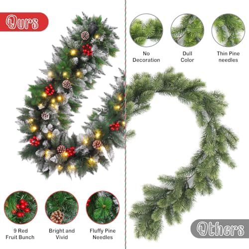 Christmas Garland,Christmas Garland with Lights, Christmas Decoration,9FT/2.7M, for Mantle, Home, Stairs, Fireplace, Porch, Door,Indoor/Outdoor (Green)