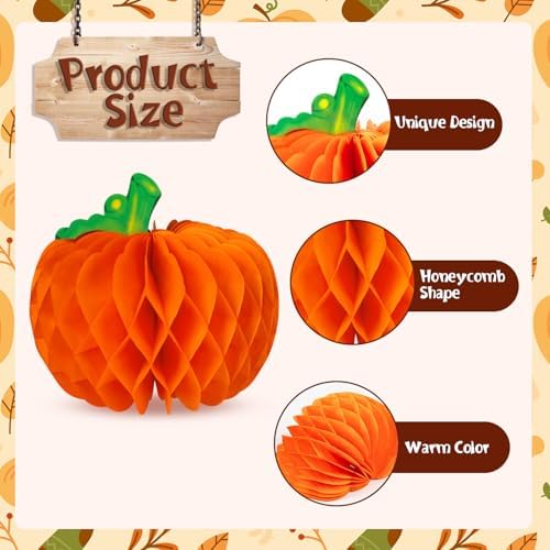 12 Pcs Pumpkin Centerpieces for Tables, 10 Inch Thanksgiving 3D Honeycomb Tissue Balls Fall Paper Hanging Pumpkin Decorations for Halloween Thanksgiving Harvest Party Decor
