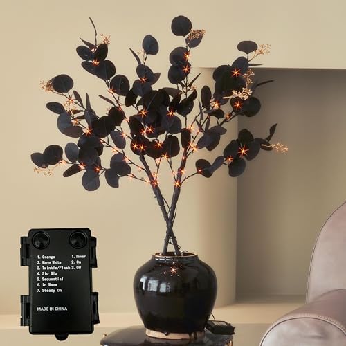 Hairui Lighted Black Eucalyptus Branches with Timer 80 LED Orange and Warm White Fairy Lights, Halloween Tree Branches with Lights 32 in with 10 Functions for Home Fall Halloween Decoration