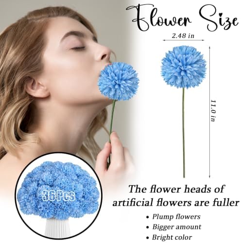 36 Pcs Artificial Chrysanthemums Flowers Sky Blue Fake Silk Flowers Bouquet