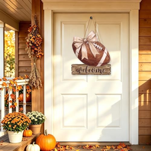 Fall Football Welcome Wreath Sign Wooden Beige Bow for Front Door