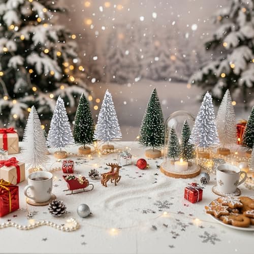 Sumind 72 Pcs Mini Christmas Trees Bottle Brush Sisal,White, Silver, Green