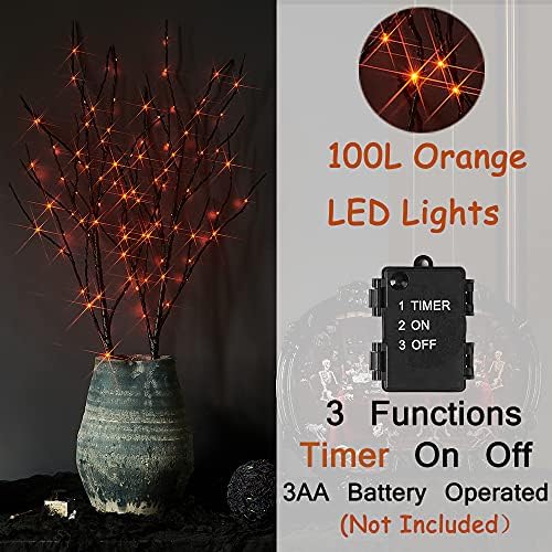 Hairui Lighted Halloween Tree Branches with Timer 32IN 100L Orange Fairy Lights, Black Twig Branch Lights Battery Operated or Indoor Outdoor Halloween Party Decoration