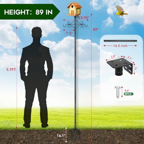 Gbekery 89’’ Smart Bird Feeder Pole Heavy Duty, 5-Prong Base & Double Hooks