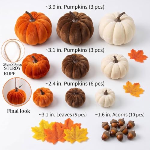 27Pcs Artificial Velvet Pumpkins Maple Leaves Acorns Fall Decor