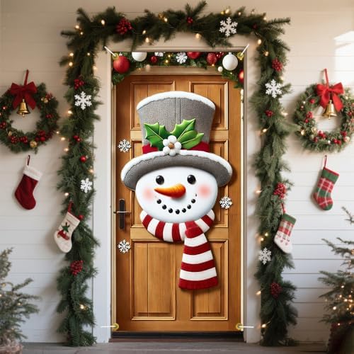 Snowman Door Hanger 35x71in Holly Top Hat Pine Arch Accent