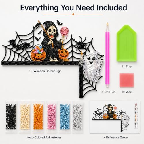 DIY Halloween Witch Pumpkin Diamond Art Wooden Door Corner Decoration, Halloween Frame Sign Kit, Creative Wall Art Mosaic Frame Sign for Home Decor & Gifts