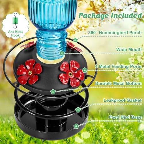 FEED GARDEN Glass Hummingbird Feeder for Outdoors, Leak-Resistant, 16 oz