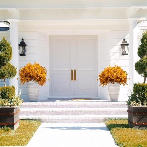 Grunyia 16 Bundles Artificial Fall Mums Outdoor UV Resistant, Fake Silk Plants No Fade Faux Greenery for Garden Porch Patio - Autumn Thanksgiving Christmas Home Decor (Fall Yellow)