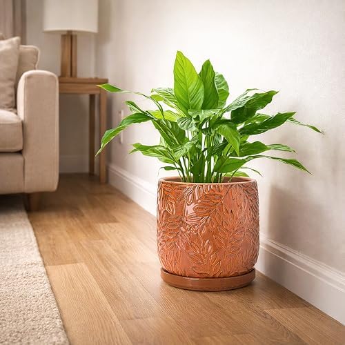 D'vine Dev Embossed Leaves Ceramic Planter, 8 in, Pumpkin, 27-A-Q-J