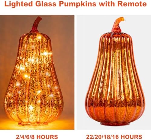 KI Store Glass Pumpkin with Lights and Timer Set of 3 10.8-Inch 8.5-Inch 6.5-Inch Lighted Mercury Glass Pumpkins for Fall Halloween Thanksgiving Decorations Battery Operated