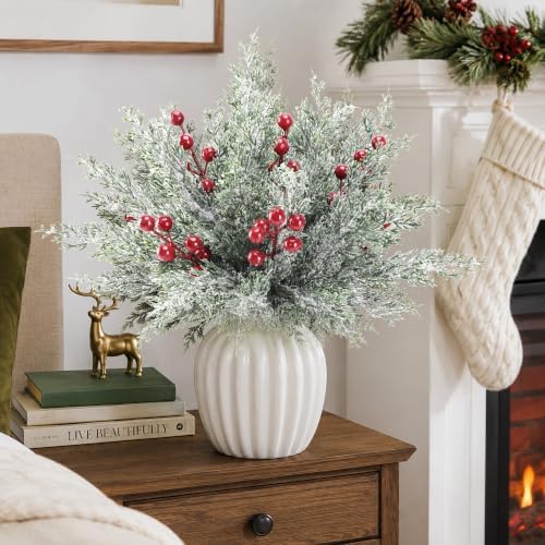35Pcs Christmas Snow Pine Branches with Red Berries,Snowy Norfolk Pine Stem