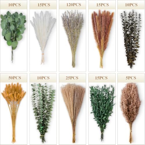 275 PCS Mixed Dried Eucalyptus Stems & Lavender Flowers with Pampas Grass, Bunny Tails, Preserved Eucalyptus, Dried Flower Bouquet for Vase, Boho Wedding, Home, Bathroom & Rustic Decor