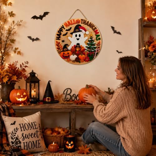 Halloween Decorations - Happy Hallothanksmas Wooden Sign for Front Door